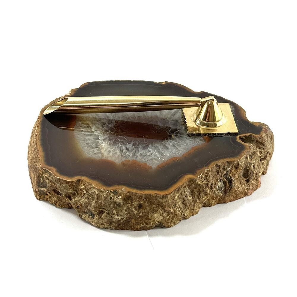Vintage Manuel Russo Agate Slice Desk Pen Holder w/ Gold Tone Pen 5.5” - Picture 7 of 8
